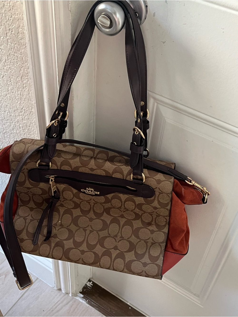 Coach Brown Signature Canvas Shoulder Bag with Rust Accents